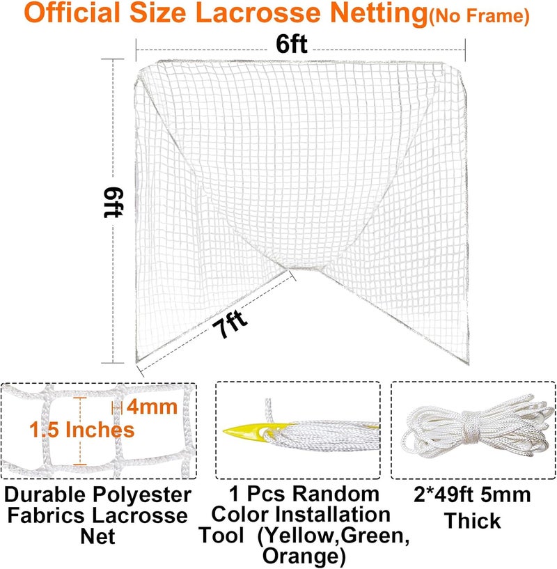 Wiseek 1/2Pcs 4/5/6mm 6’X6’X7’ Heavy Duty Lacrosse Goal Net with 1/2XRandom Color Installation Tool and 2/4X49ft Lacrosse Net Lacing Rope Lacrosse Replacement Net for Lacrosse Practice，Competition - Image 3